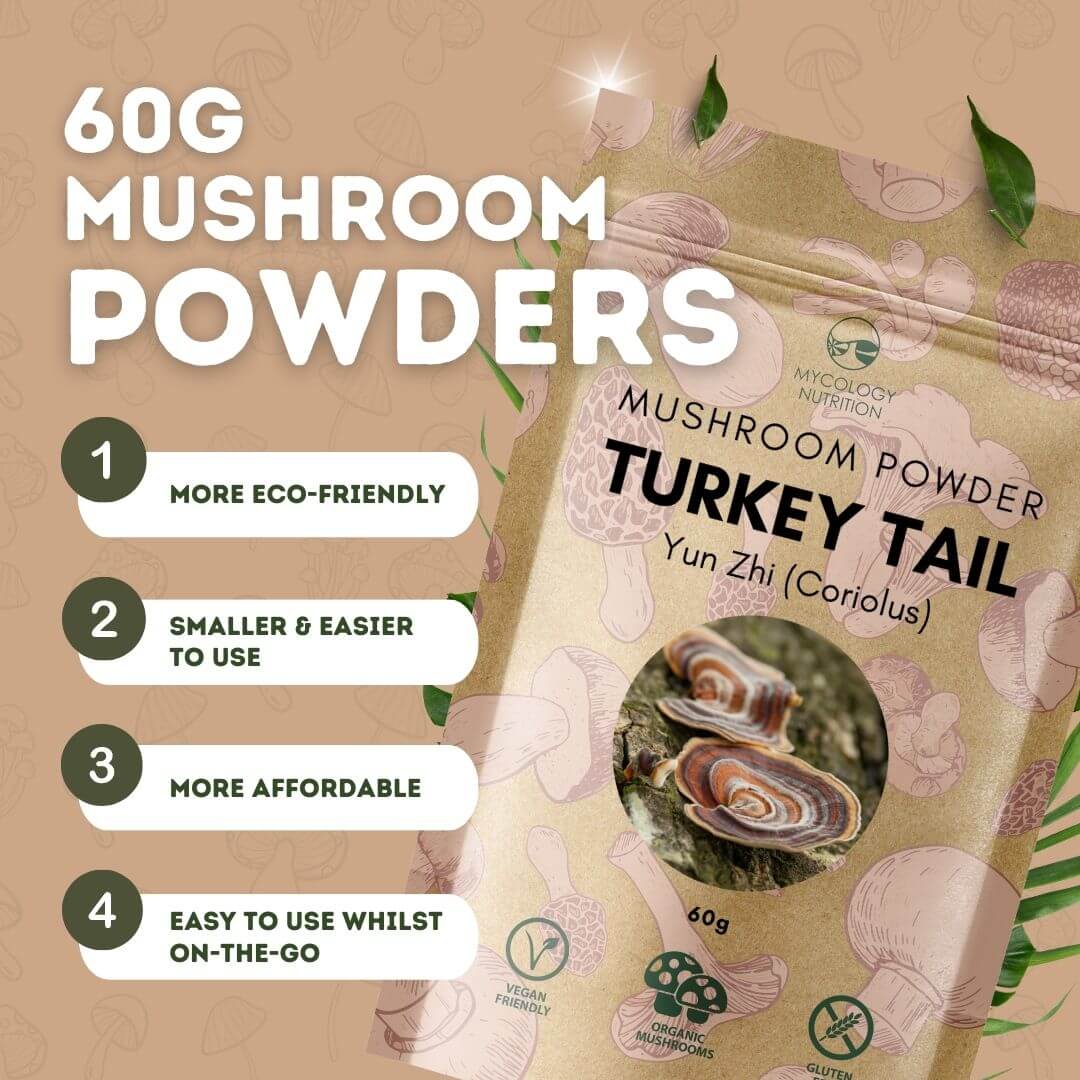 60g mushroom powders - more eco-friendly, smaller & easier to use, more affordable, easy to use whilst on-the-go.