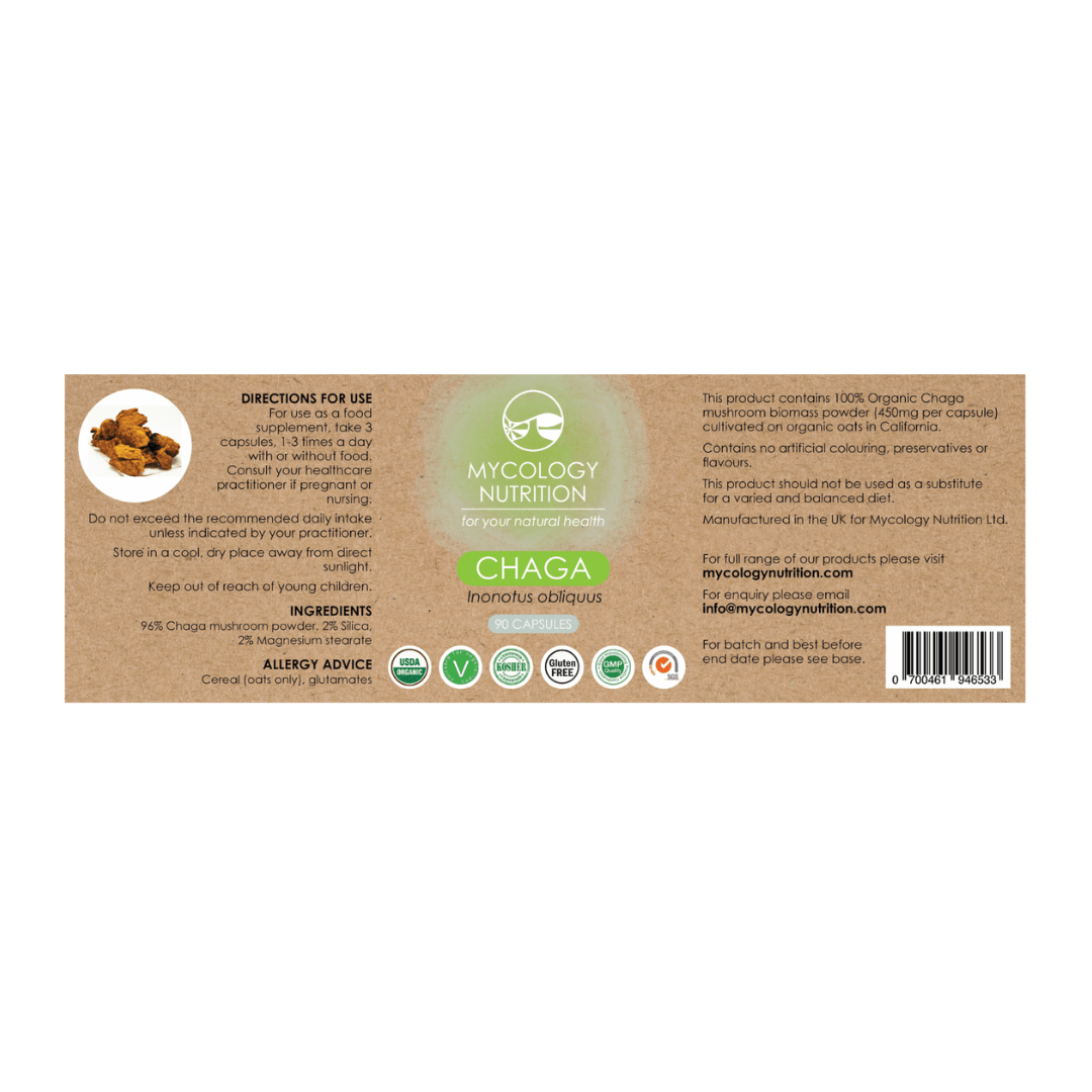 Chaga Mushroom Supplement - natural capsules with a sleek label