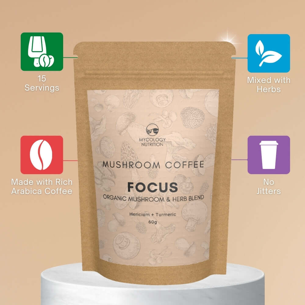 Mycology Nutrition's Focus Mushroom Coffee is made with rich arabica coffee and provides 15 servings.