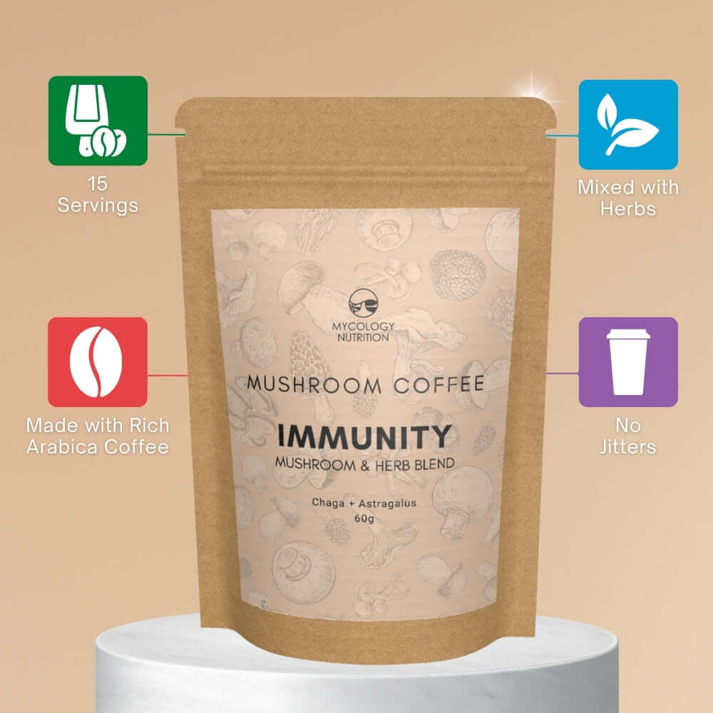 Mycology Nutrition's Immunity Mushroom Coffee provides 15 servings and is made with rich arabica coffee.
