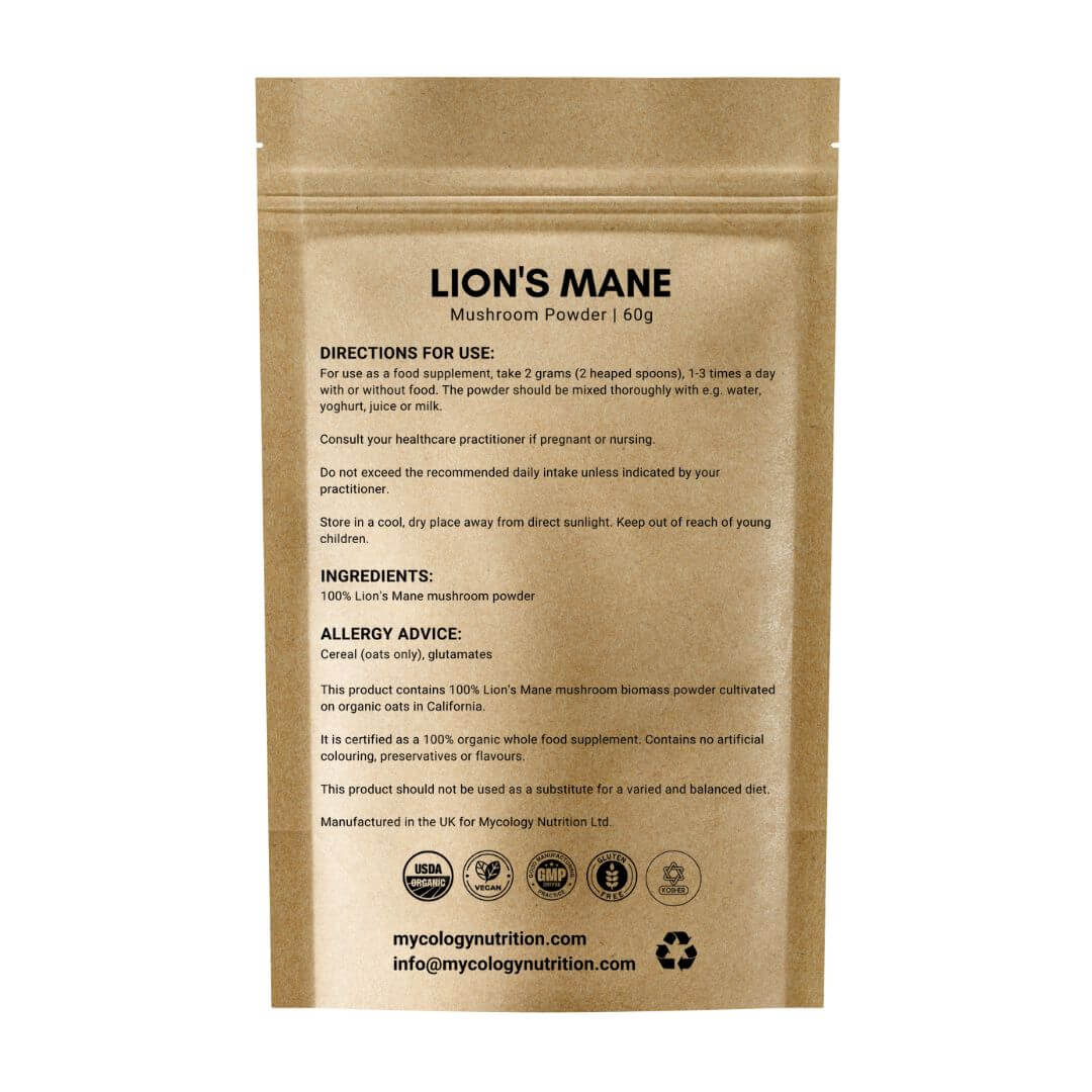 Lion's Mane Mushroom (Hericium/Hou Tou Gu 猴头菇) Powder (60g) - directions for use, ingredients, allergy advice