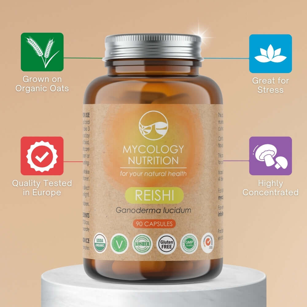 Reishi Mushroom Capsules - may improve stress levels, quality tested in Europe