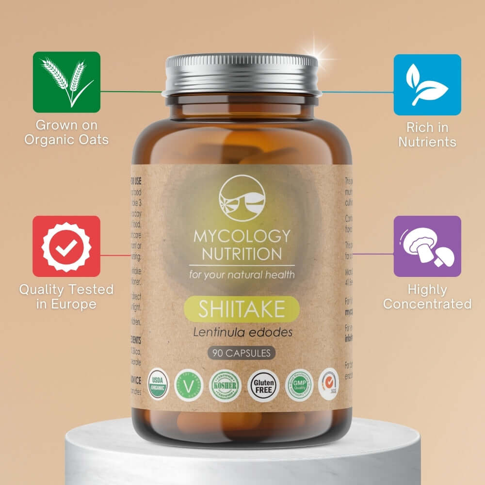 Shiitake Mushroom Capsules - nutrient rich, grown on organic oats and highly concentrated