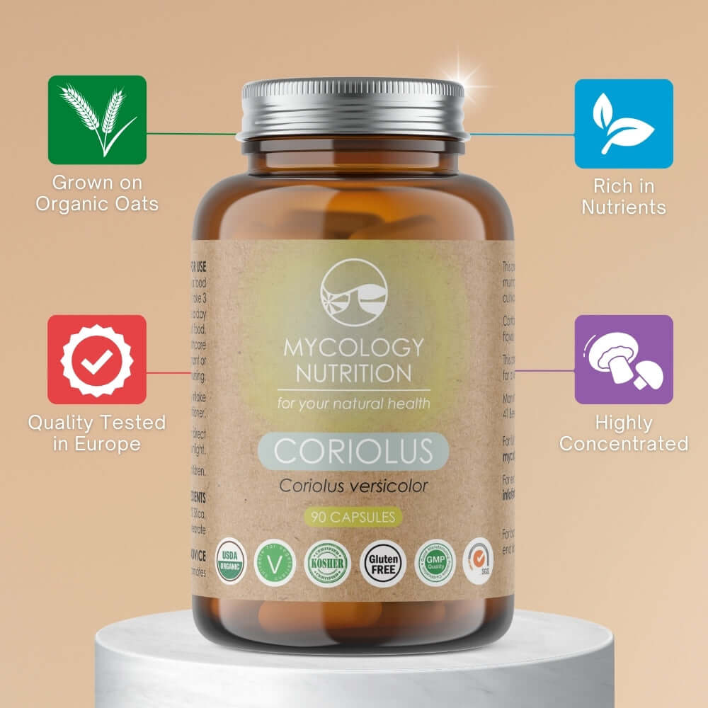 Turkey Tail Mushroom Capsules - grown on organic oats and quality tested in Europe