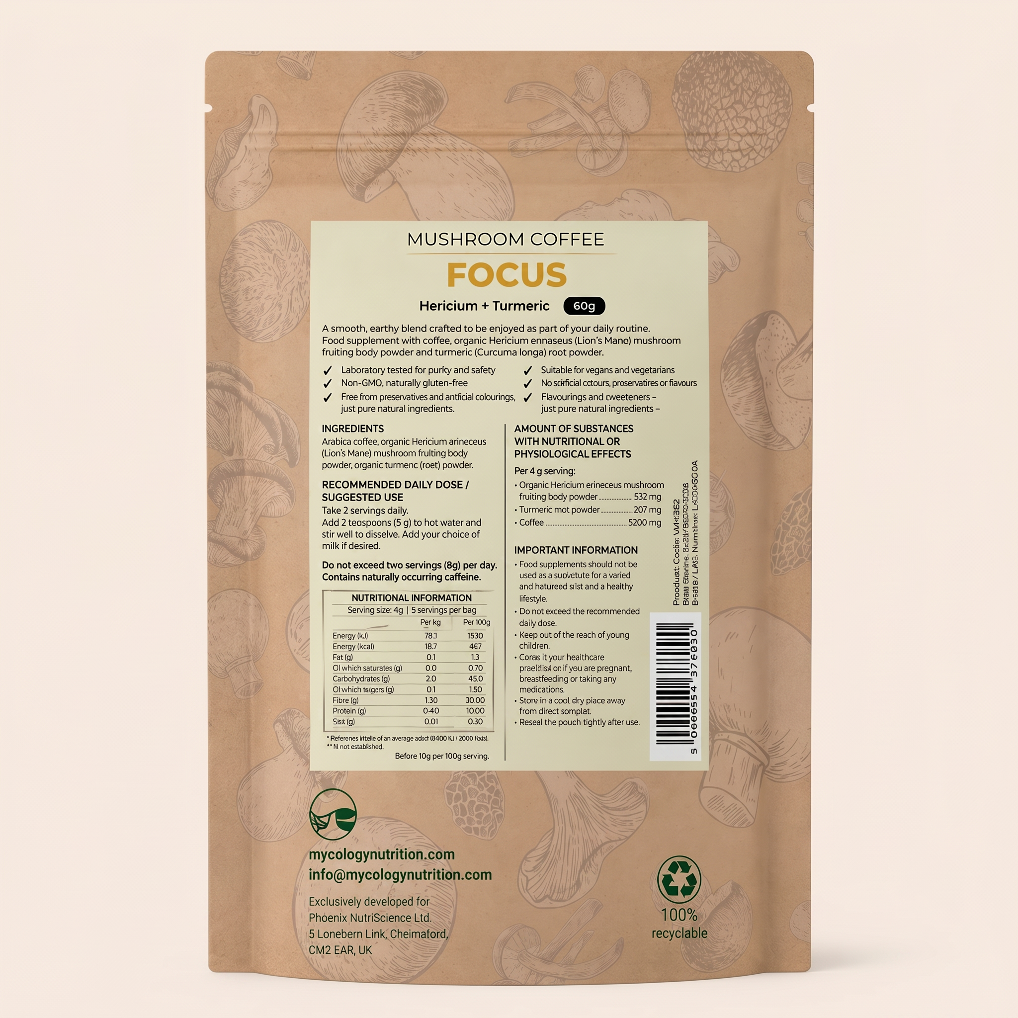Focus Mushroom Coffee – Lion’s Mane & Turmeric Blend, 60g