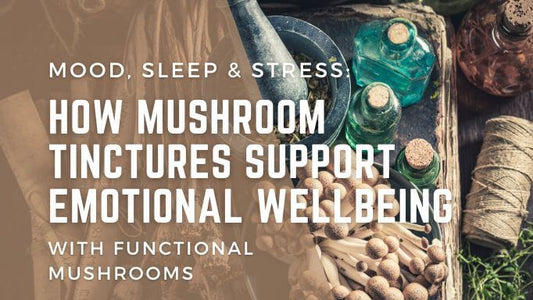 Herbal apothecary setup with mushroom tincture bottles and natural ingredients, overlaid with text: 'Mood, Sleep & Stress: How Mushroom Tinctures Support Emotional Wellbeing with Functional Mushrooms