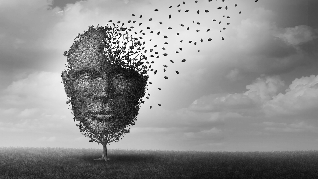A surreal black and white image of a tree shaped like a human face, with leaves blowing away in the wind.