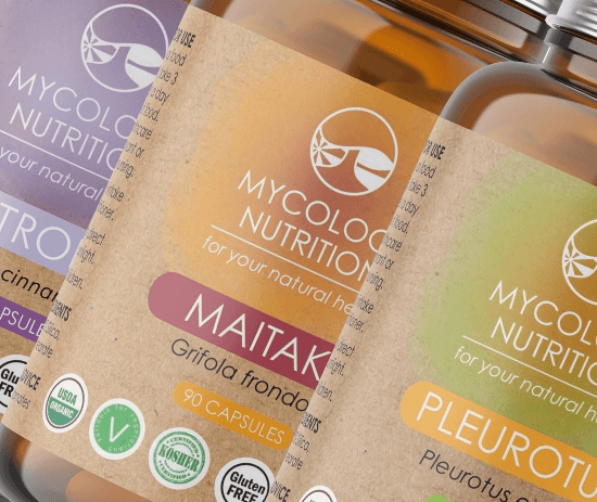 Three bottles of Mycology Nutrition capsules.