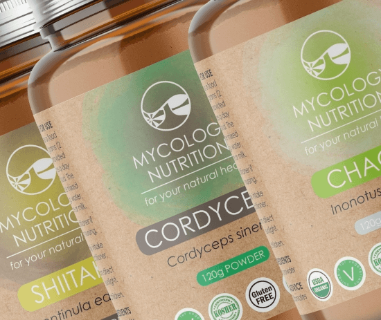 Bottles of functional mushroom powder, Shiitake Mushroom Powder, Cordyceps Mushroom Powder and Chaga Mushroom Powder.