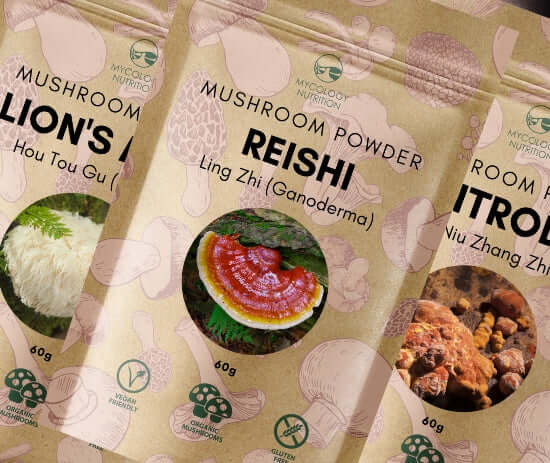 Mycology Nutrition 60g Powder Pouches - Lion's Mane Mushroom Powder, Reishi Mushroom Powder and Antrodia Mushroom Powder