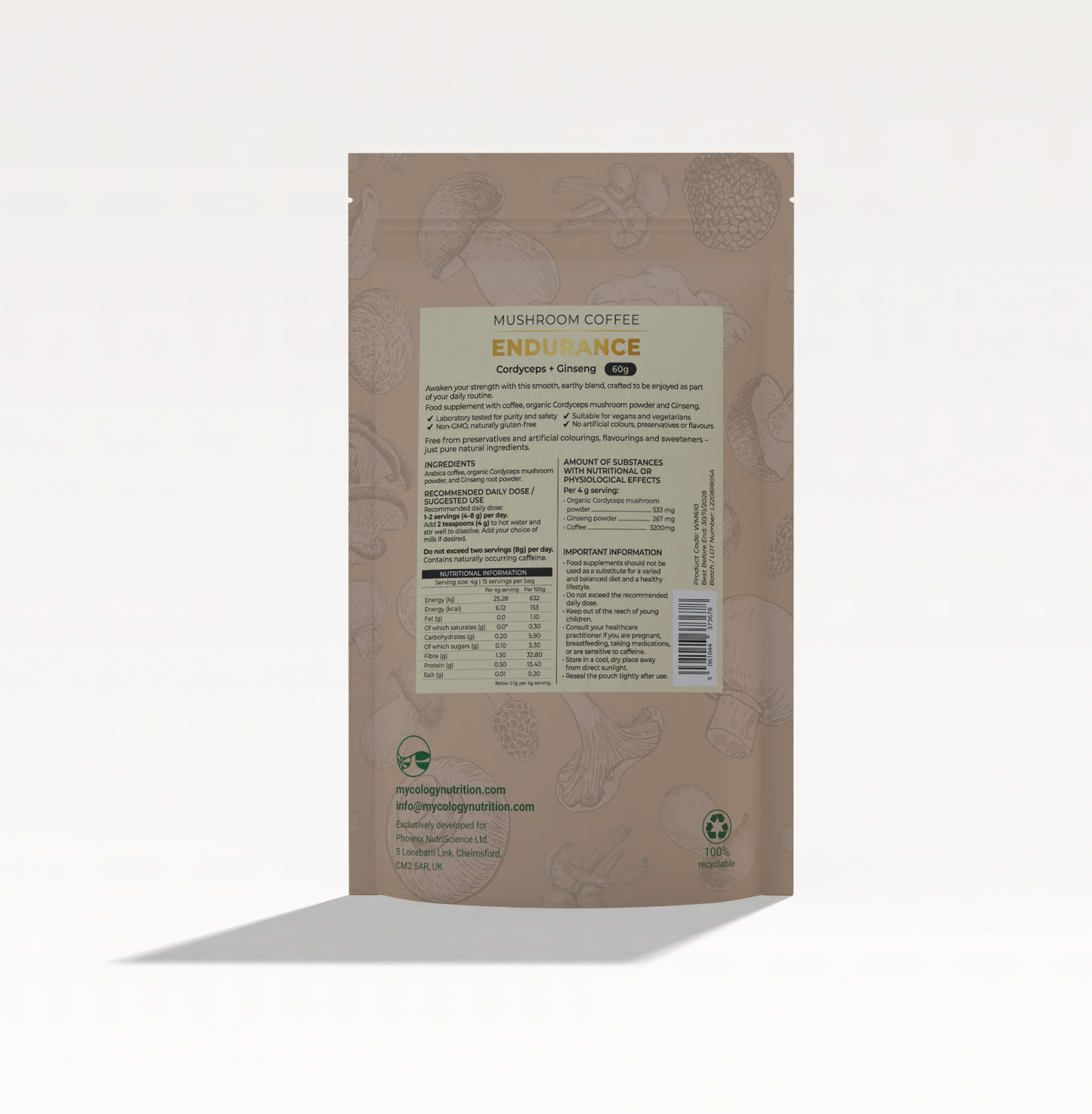 Endurance Mushroom Coffee – Cordyceps & Siberian Ginseng Blend, 60g