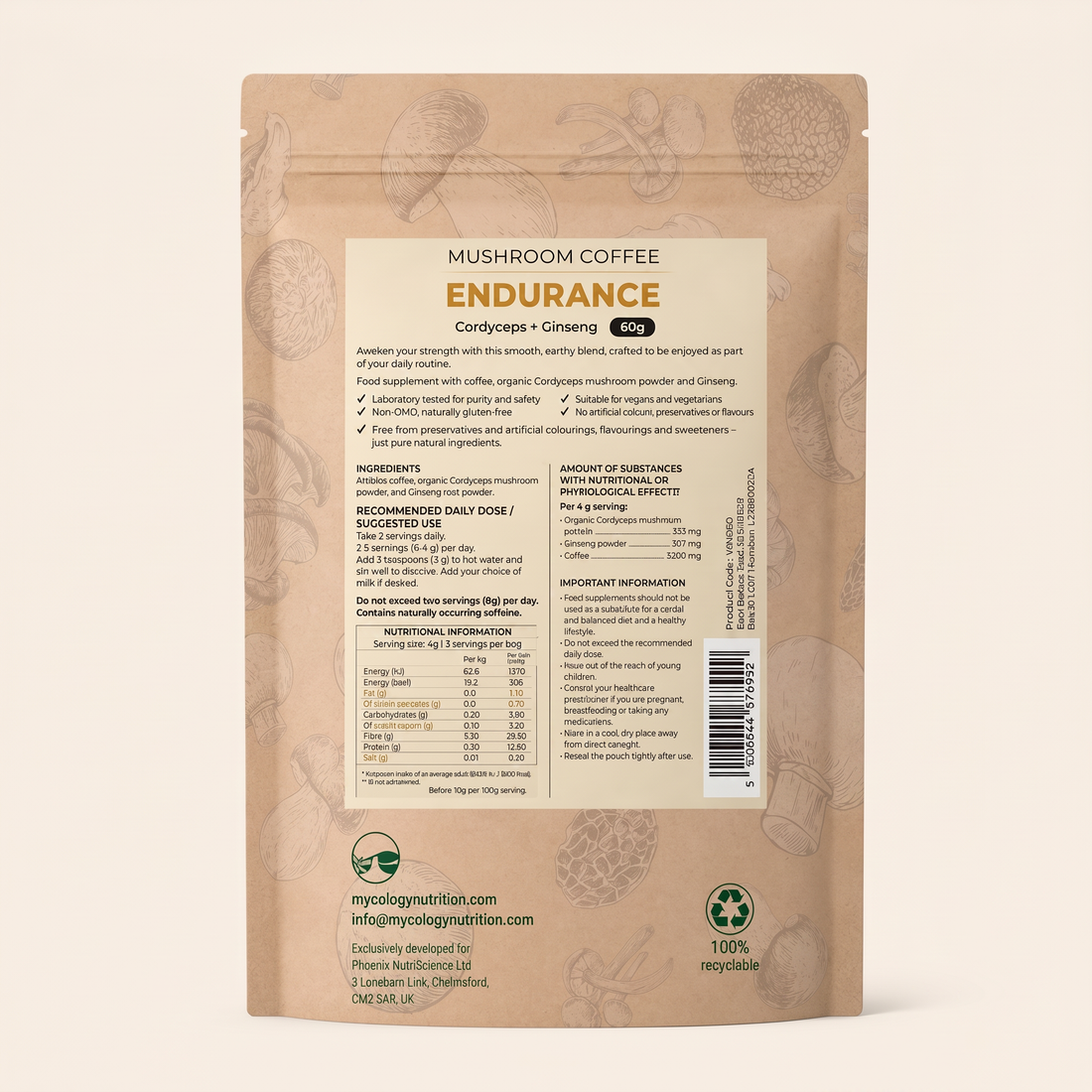 Endurance Mushroom Coffee – Cordyceps &amp; Siberian Ginseng Blend, 60g
