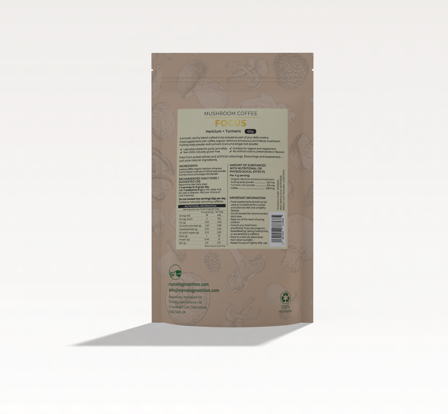 Focus Mushroom Coffee – Lion’s Mane & Turmeric Blend, 60g