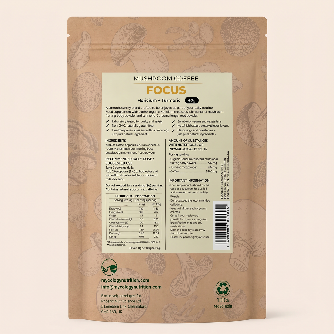 Focus Mushroom Coffee – Lion’s Mane &amp; Turmeric Blend, 60g