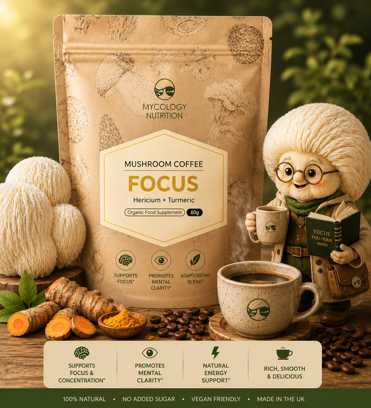 Focus Mushroom Coffee – Lion’s Mane & Turmeric Blend, 60g -Design