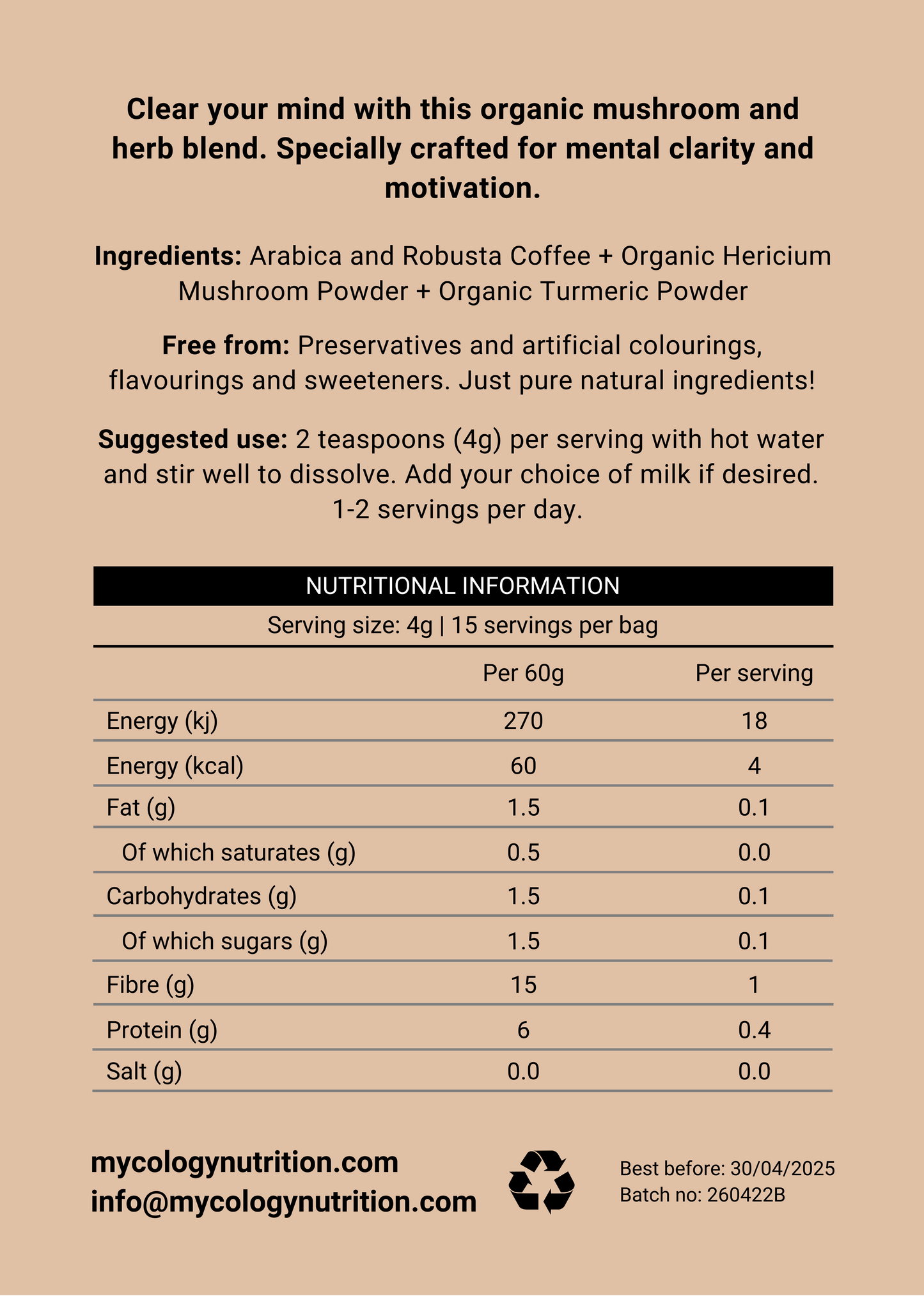 Focus Mushroom Coffee | Lion's Mane & Organic Tumeric | Boost Focus | Aid Cognitive Function | Adaptogenic | Strong Mushroom Coffee | 60g