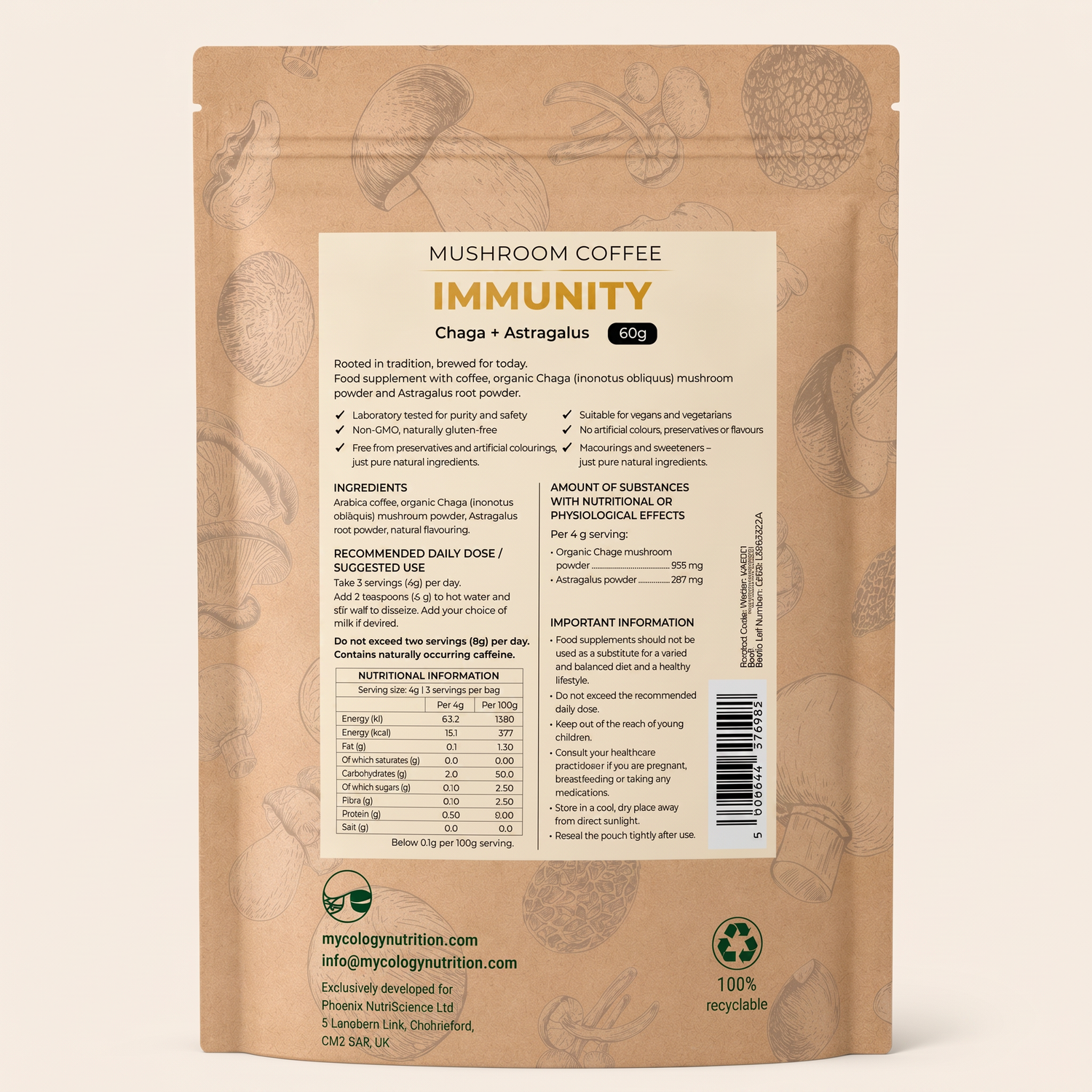 Immunity Mushroom Coffee – Chaga &amp; Astragalus Blend, 60g