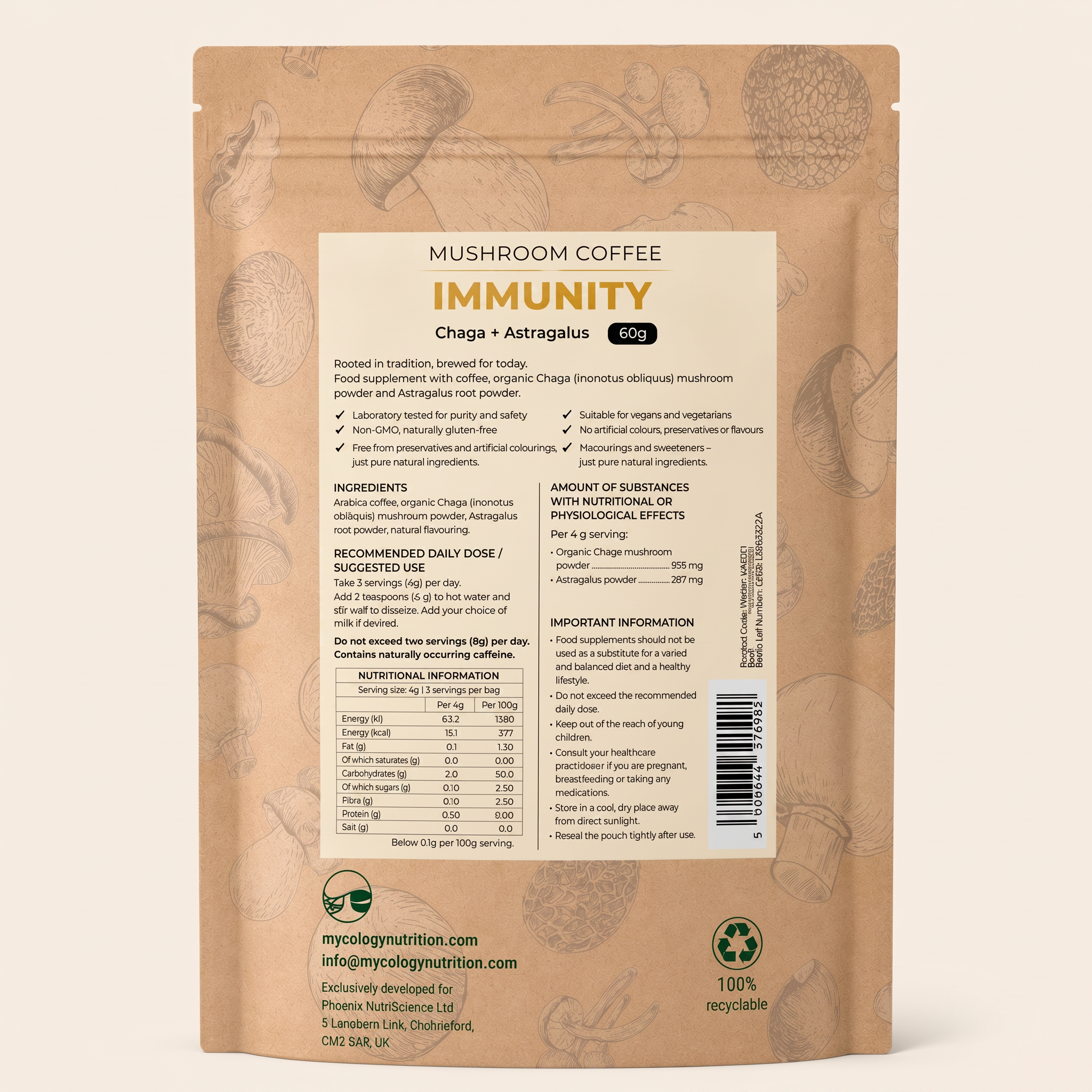 Immunity Mushroom Coffee – Chaga &amp; Astragalus Blend, 60g